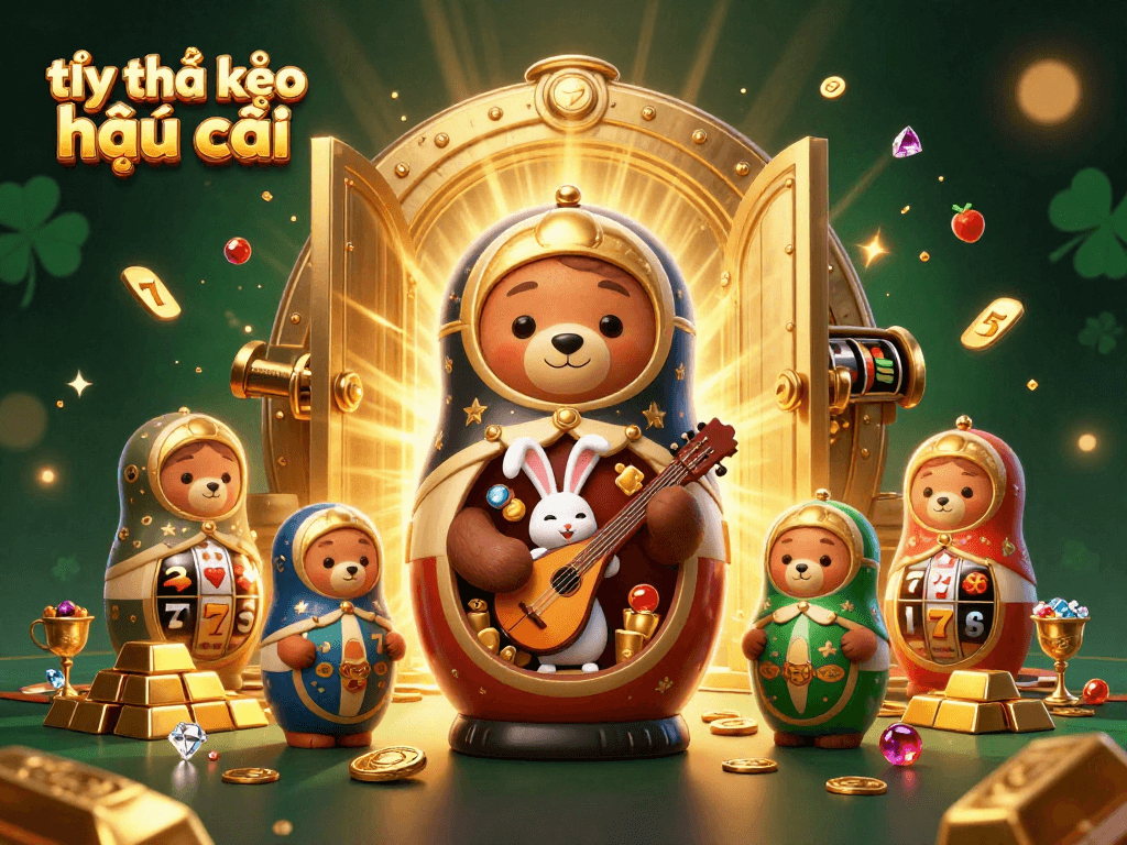 Boost your chances with tỷ lệ kèo nhà cái as cartoon bears and a rabbit showcase vibrant casino elements.