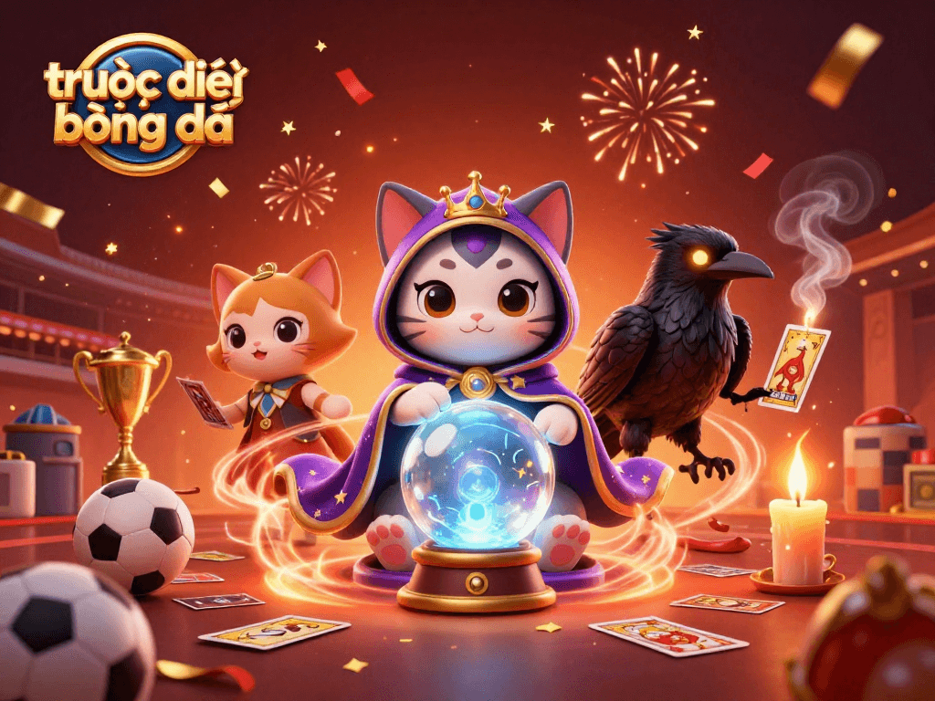 Experience trực tiếp bóng đá with a mystical scene featuring a fortune teller cat and mystical gambling elements.