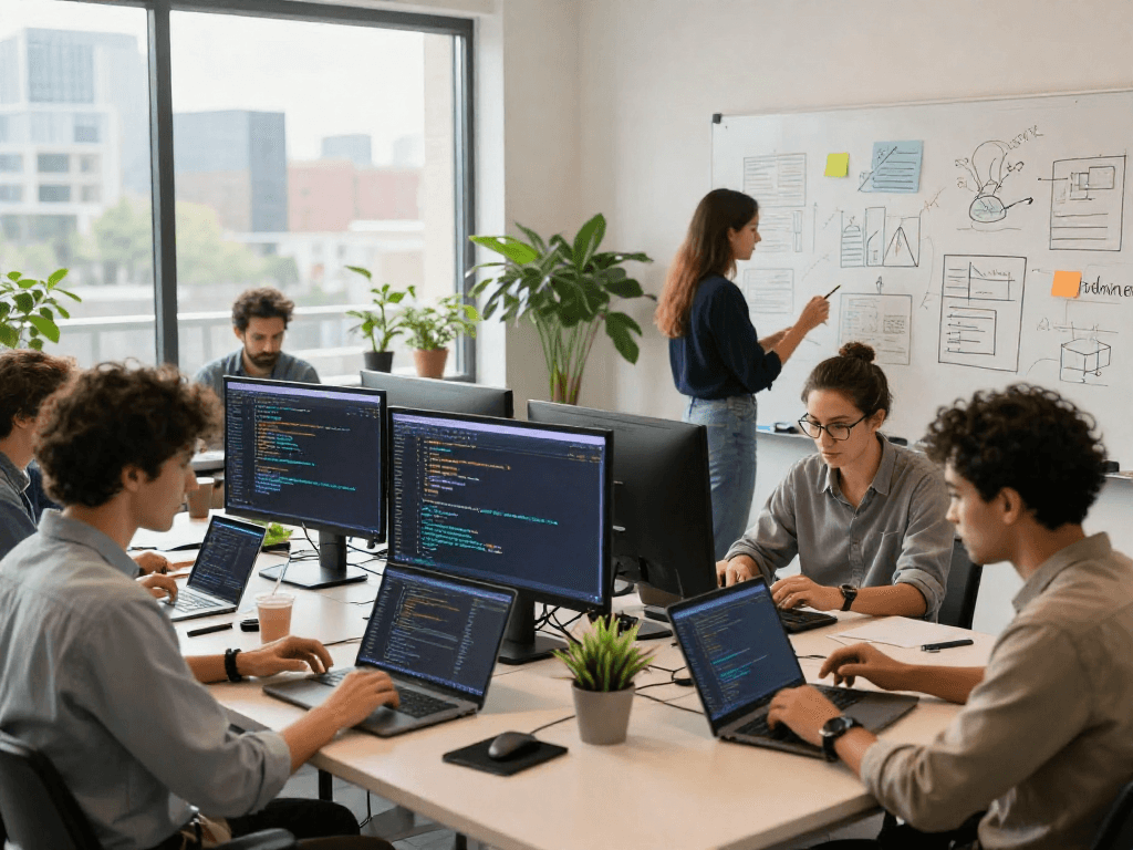 Team collaborating in a modern workspace showcasing 18+ ai technology with vibrant digital elements.