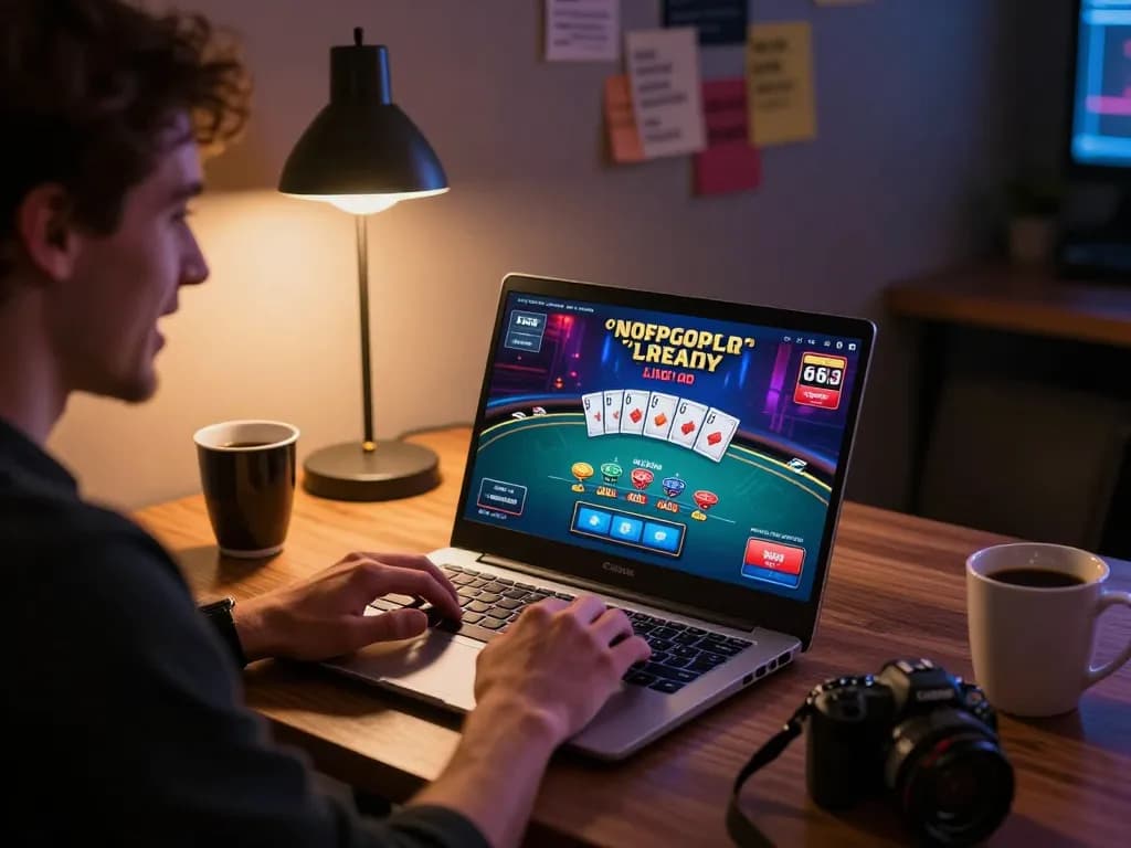 Player enjoying a thrilling nk88 online casino game at home with a vibrant interface.