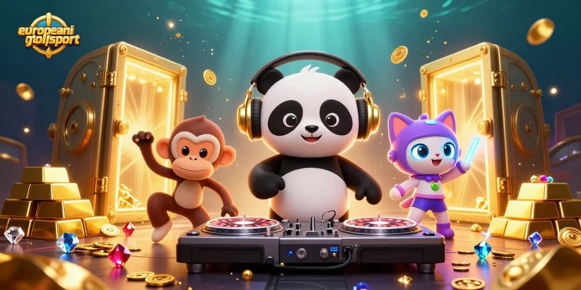 Experience the lively action at europeanminigolfsport with a vibrant DJ panda, breakdancing monkey, and rave kitten amidst sparkling treasure