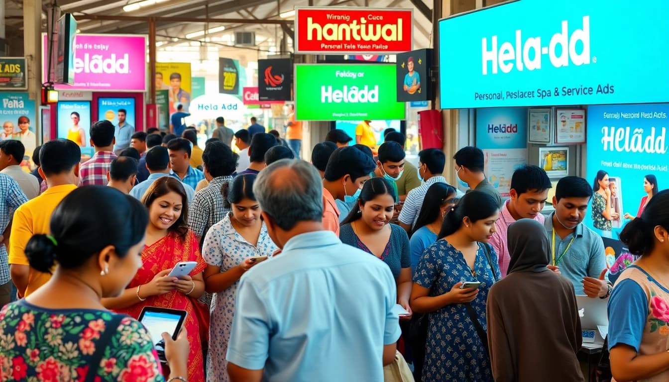 Engaging marketplace scene with Hela Add advertisements promoting local services.