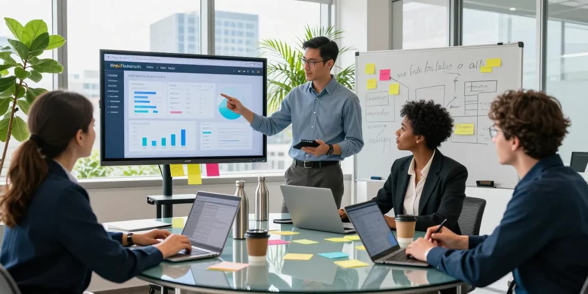 Collaboration in a strategy meeting featuring insights from https://factors.org.uk, showcasing a modern office environment.