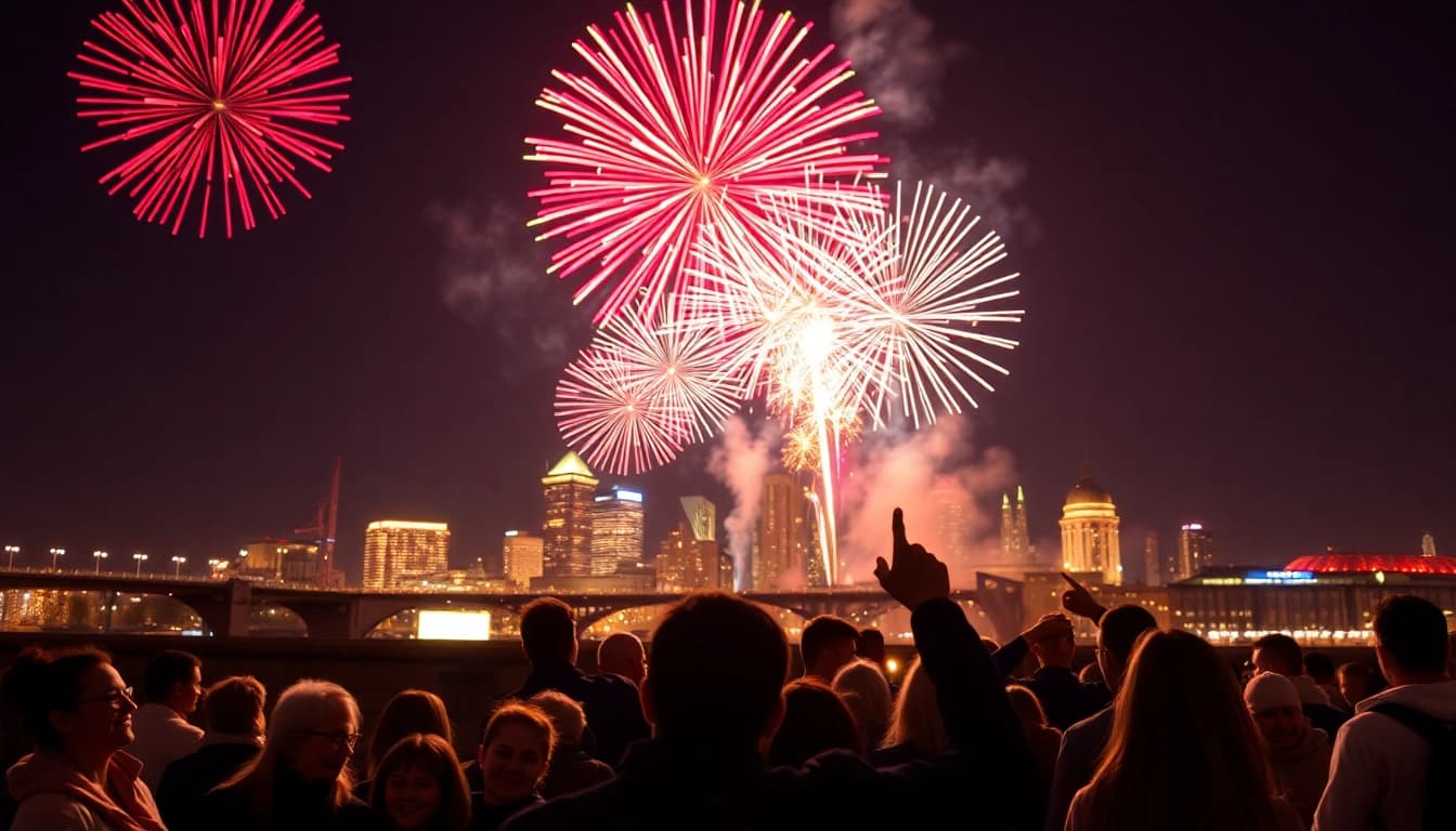 Manchester fireworks illuminating the night sky, captivating a crowd with dazzling colors.