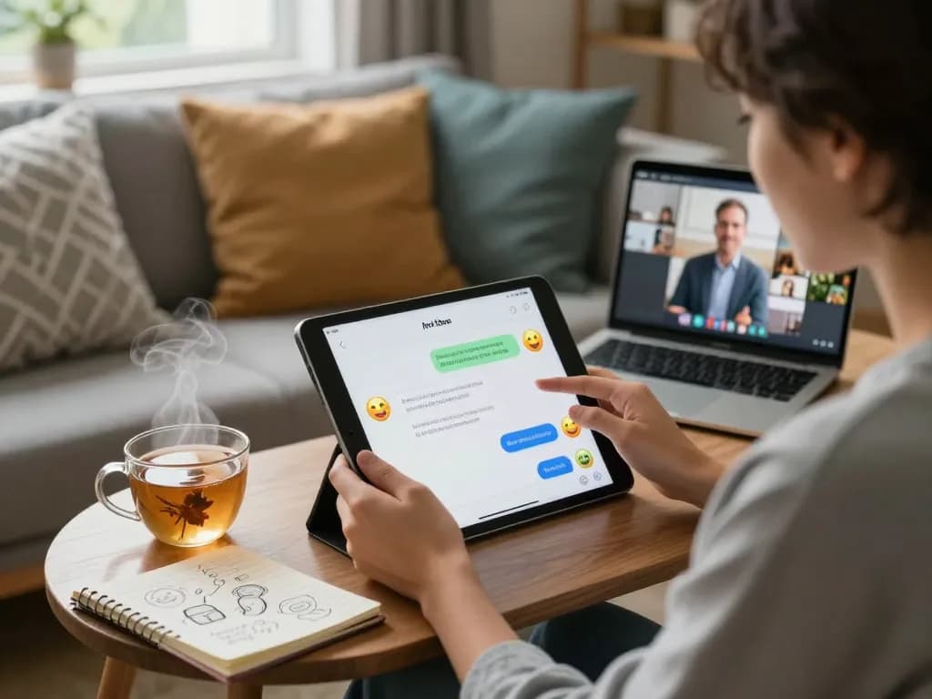 Engaging in sex chat ai discussions on a tablet in a cozy lounge.