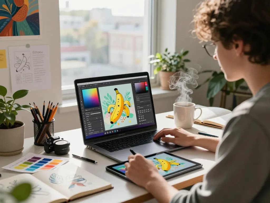 Engaging digital art studio showcasing nano banana ai image editing in progress.