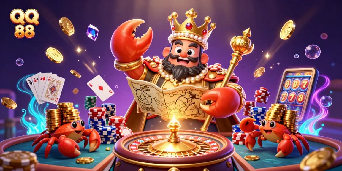Experience the thrilling world of QQ 88 with a vibrant online casino scene featuring a golden crab emperor.