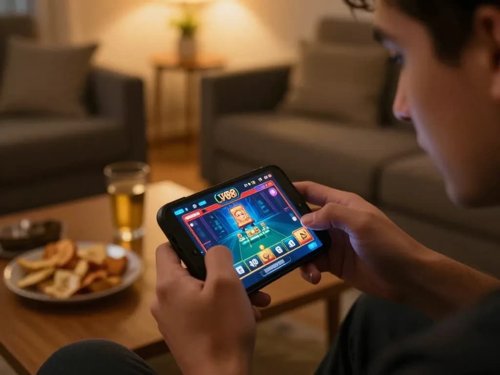 Player engaged in gaming on LV88 app in cozy home setting, showcasing mobile gambling excitement