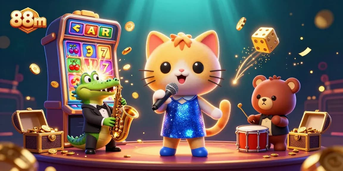 88m showcases a vibrant casino scene with a singing cat, sax-playing crocodile, and drumming bear.