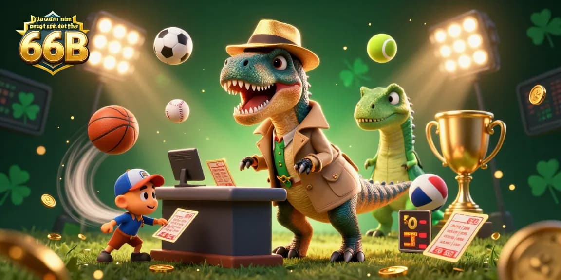 Dự đoán kết quả thể thao 66B with a velociraptor card counter, stegosaurus pit boss, and compy pickpocket amidst dynamic sports elements.