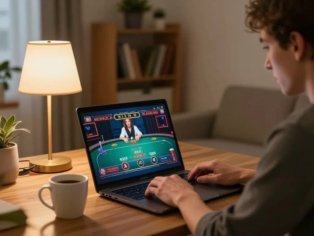 Player strategizing on jun88 poker game from home setup with laptop and cozy ambiance