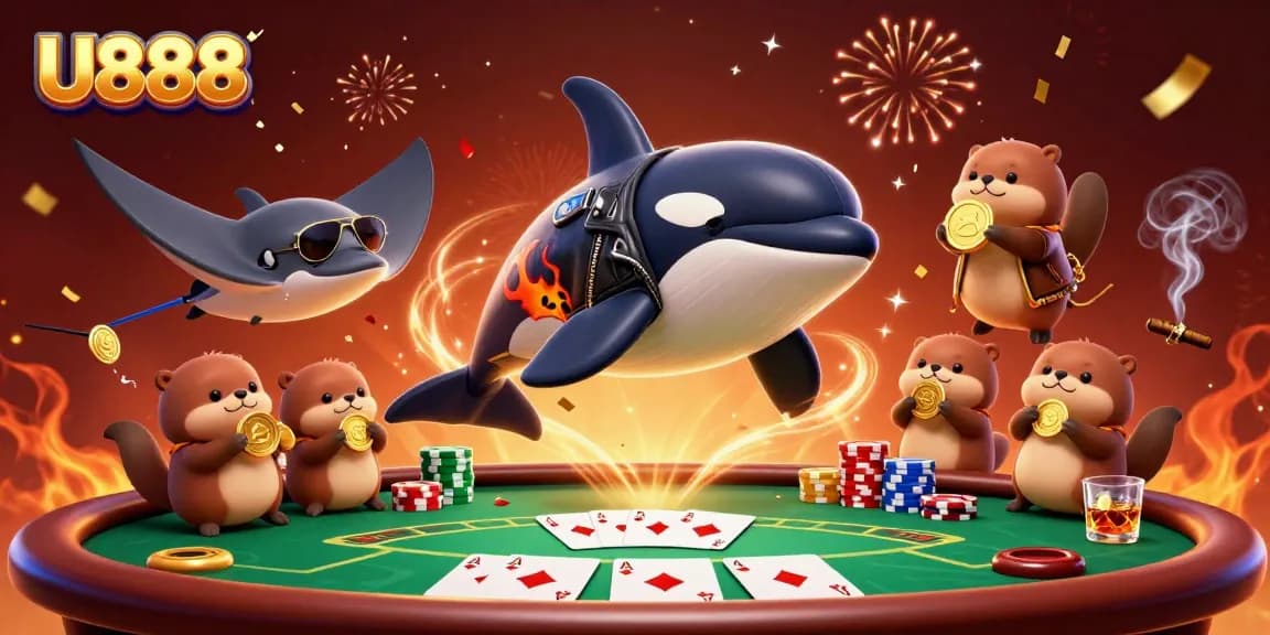 U888 showcases thrilling poker action with vibrant characters celebrating near a chip-filled table.