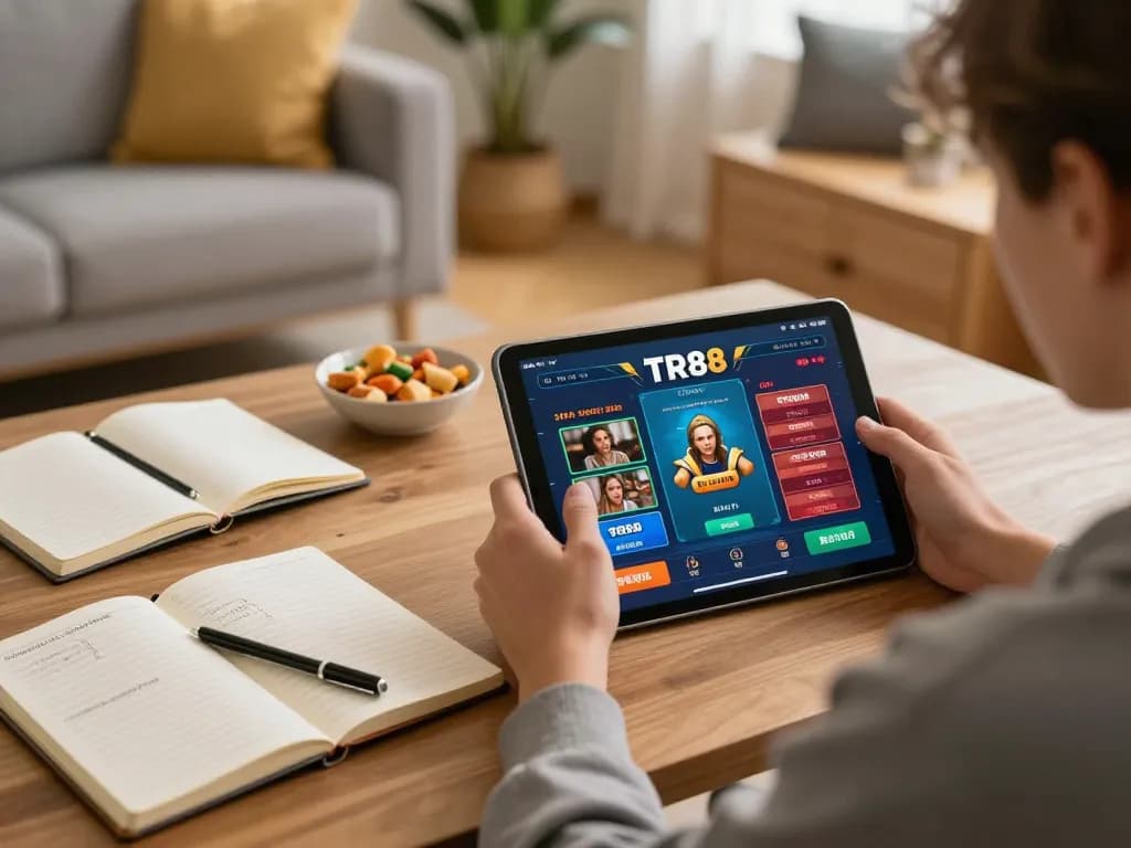 Experience TR88 gaming on a tablet in a cozy home environment, showcasing strategic betting.