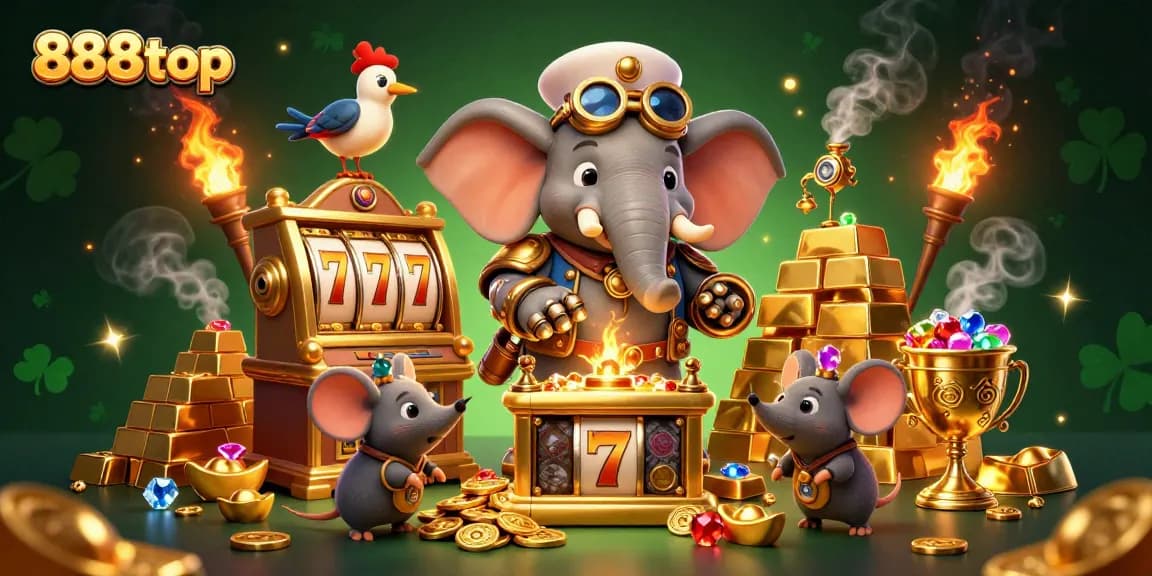 Spin the golden slot machine at 888top with the steampunk elephant engineer and treasure around.