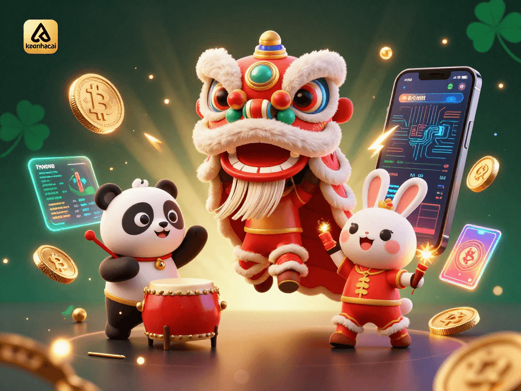 Engage with keonhacai's vibrant online casino scene featuring a lion dance, crypto coins, and festive animations.