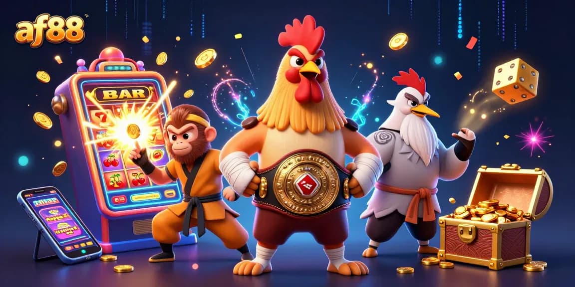 Join the excitement at af88 with a lively casino scene featuring a Muay Thai rooster, monkey martial artist, and a wise crane!