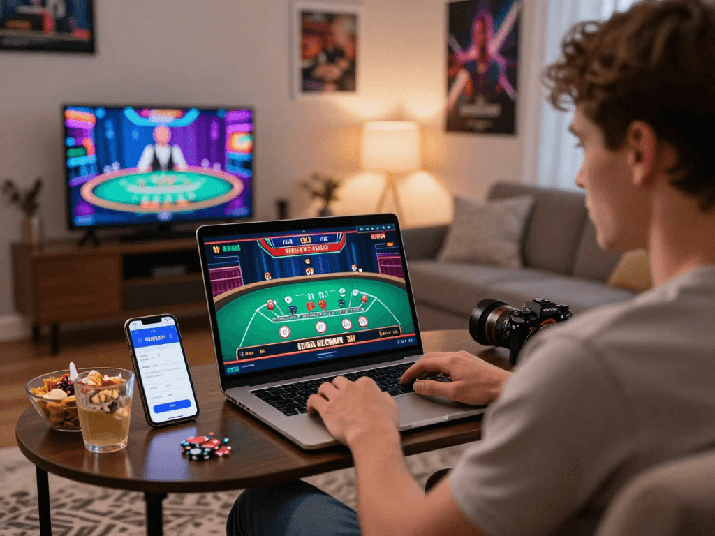 Engaged player enjoying USA casinos for UK players in a cozy home setting with live dealer blackjack.
