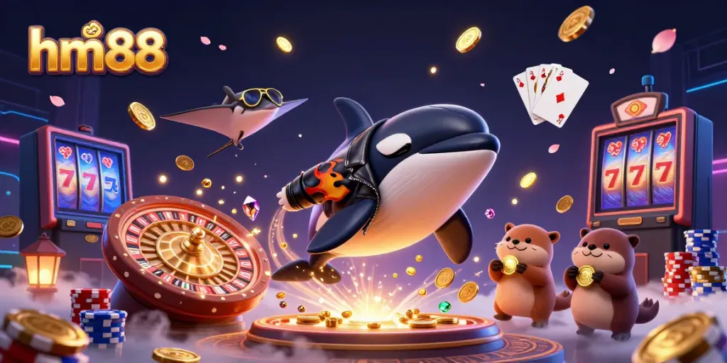 Join the gambling thrill with hm88 featuring dynamic characters, coins, and casino elements in a vibrant 3D carnival scene.