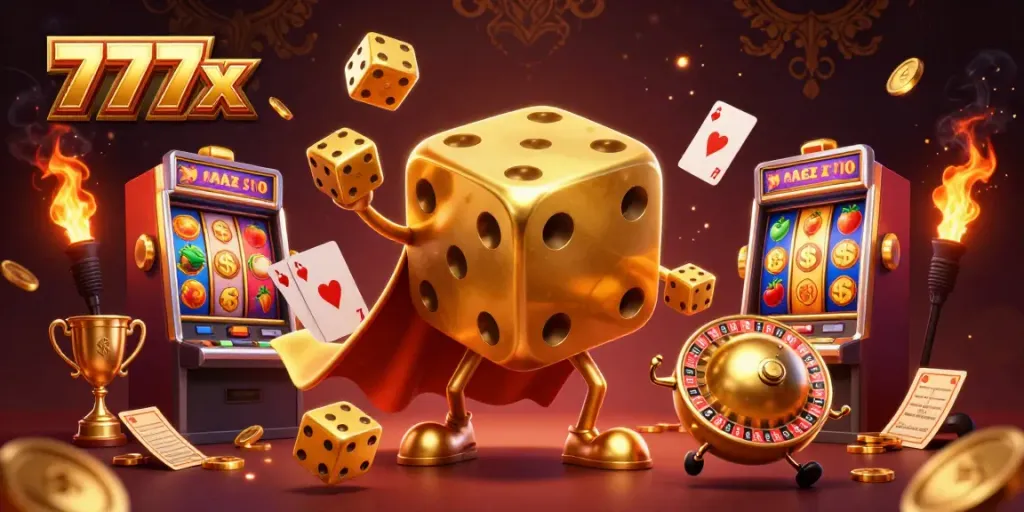 Experience the excitement at 777x with lively golden dice juggling in a vibrant casino scene.