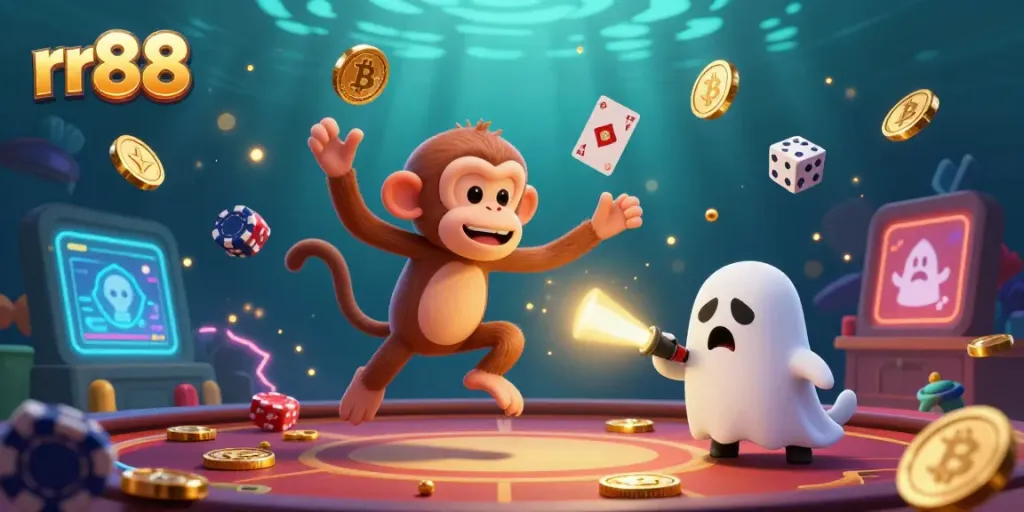 Engage with rr88's thrilling environment as the mischievous monkey juggles casino treasures while a curious puppy hunts.