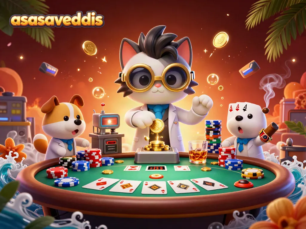 Engage in thrilling gambling at asasavedis with a cartoon mad scientist cat creating gold coins amidst vibrant casino elements.