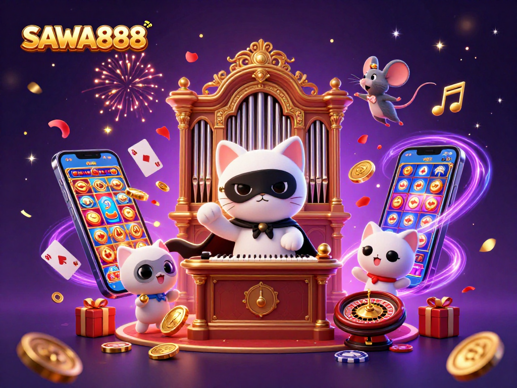 SAWA888 cat and mouse acrobat surrounded by exciting casino elements for online gaming.