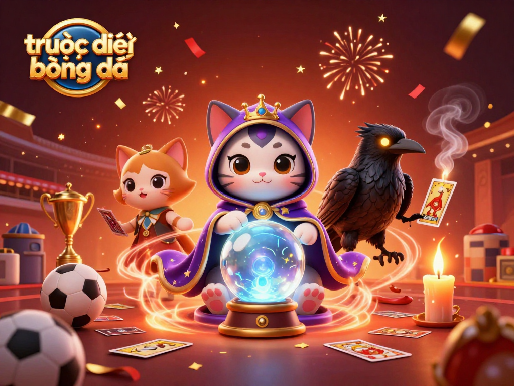 Experience trực tiếp bóng đá with a mystical scene featuring a fortune teller cat and mystical gambling elements.