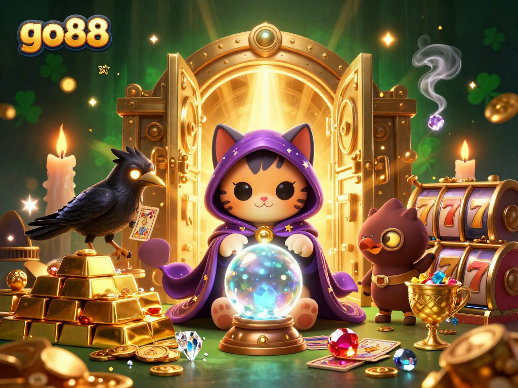 Engage in go88 casino excitement with a fortune teller cat and raven amidst a dynamic scene of riches.