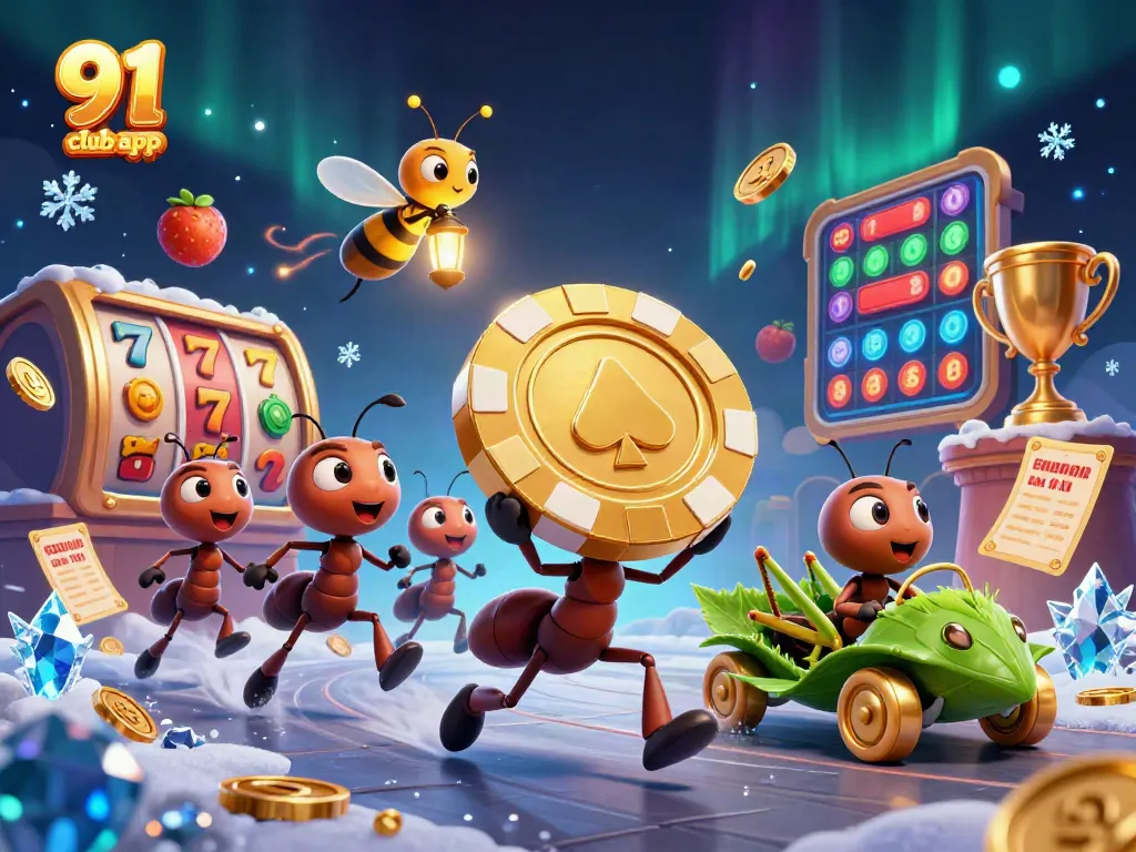 Engage with the 91 club app as ants heist golden poker chips amidst casino games and elements.