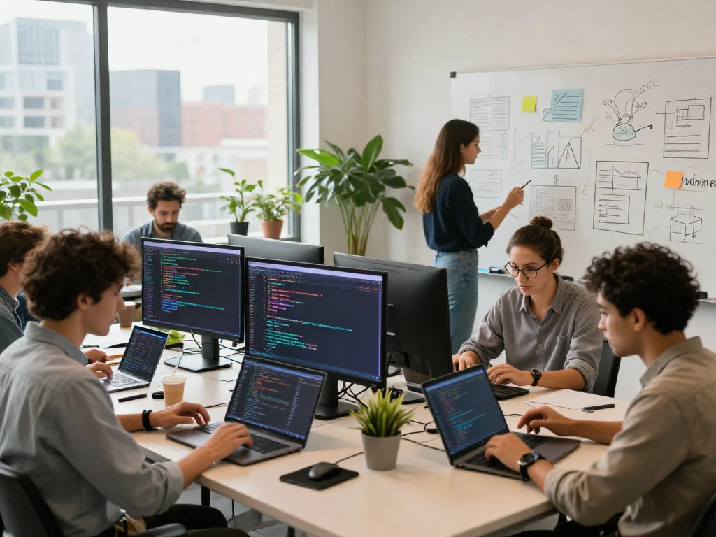 Team collaborating in a modern workspace showcasing 18+ ai technology with vibrant digital elements.