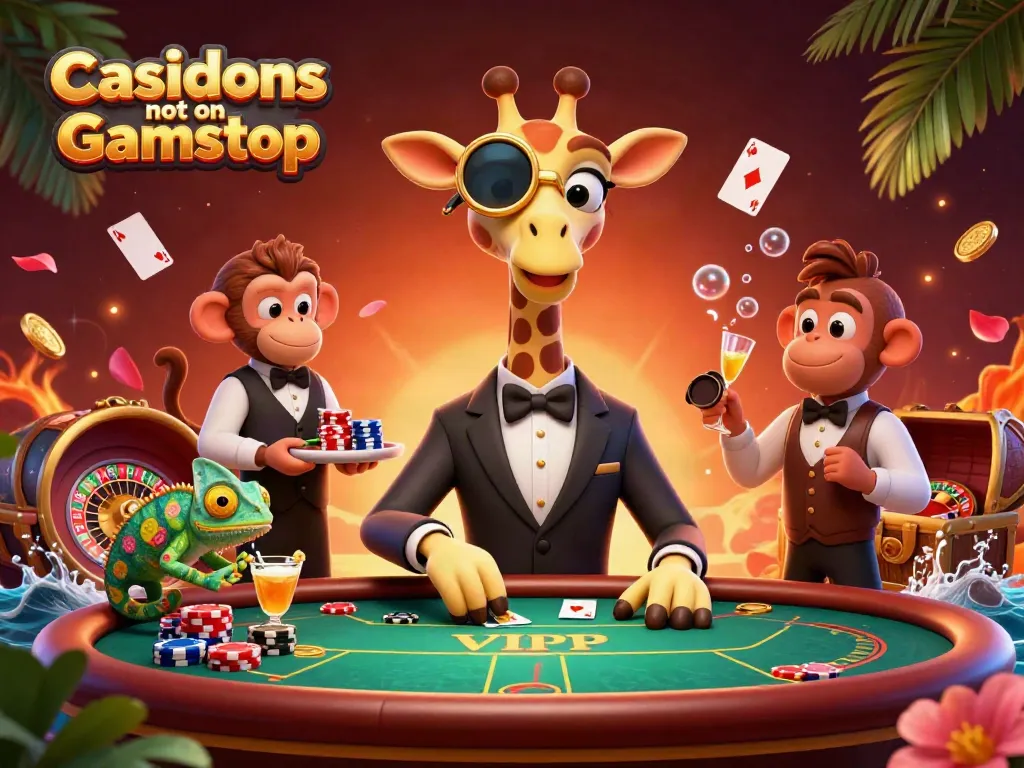 Engage with Casinos not on Gamstop featuring a high-roller giraffe and poker elements in an exciting casino scene.