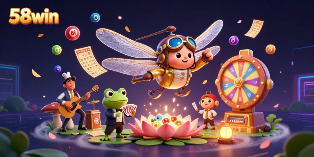 Engage in thrilling gaming with 58win, featuring dynamic casino elements in a vibrant 3D scene.