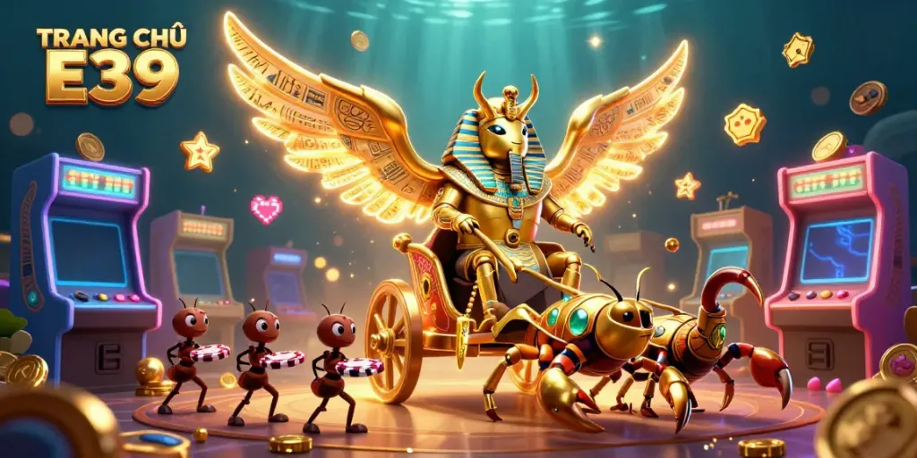 Experience the excitement of TRANG CHỦ E39 with vibrant casino-themed characters in a dynamic scene.
