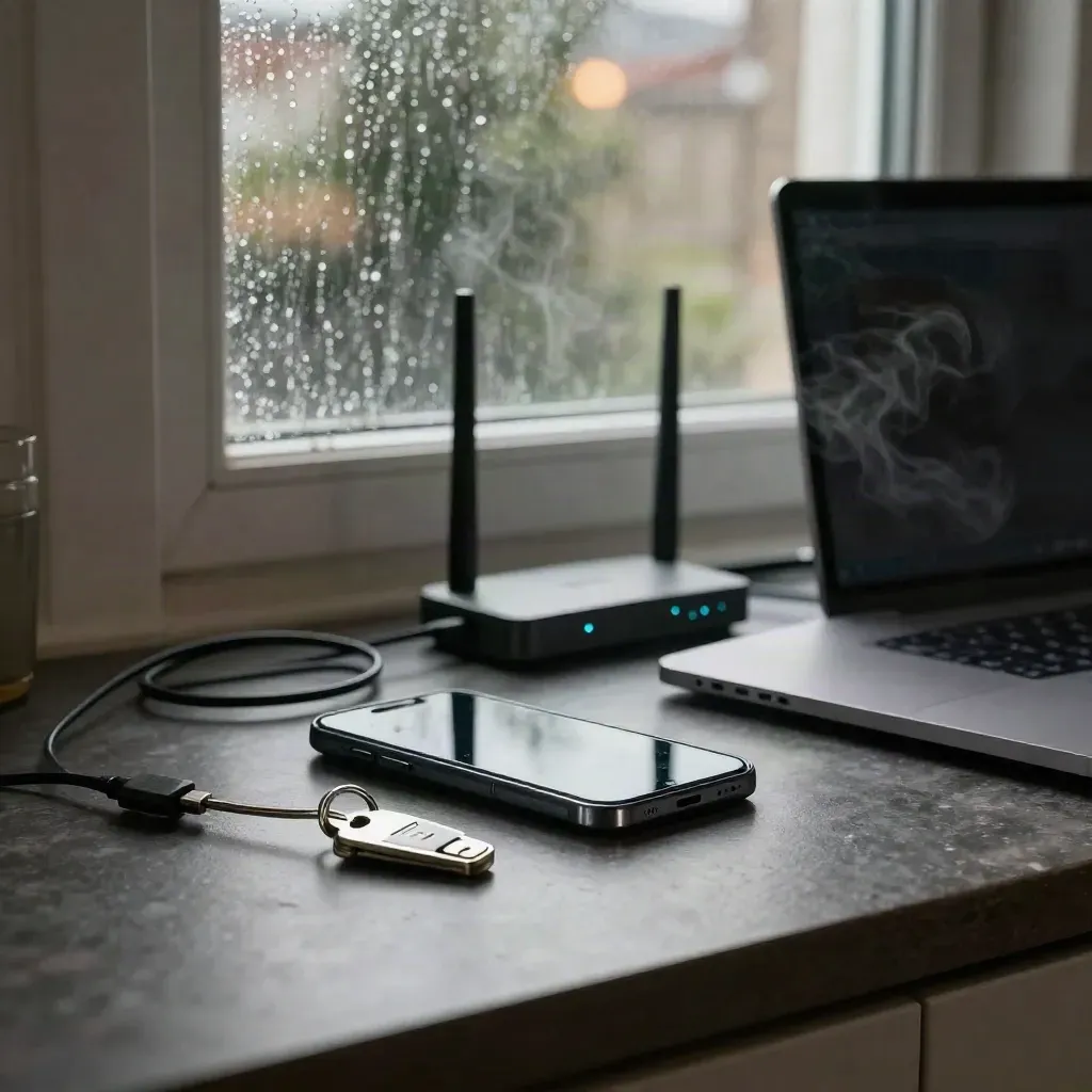 Dawn on a rain-streaked London kitchen counter with locked phone, laptop, router, security key, and cable.