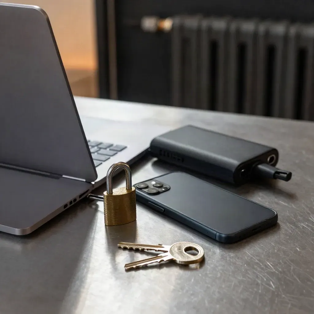Laptop, phone and cable-lock hardware on a brushed desk under warm radiator glow.