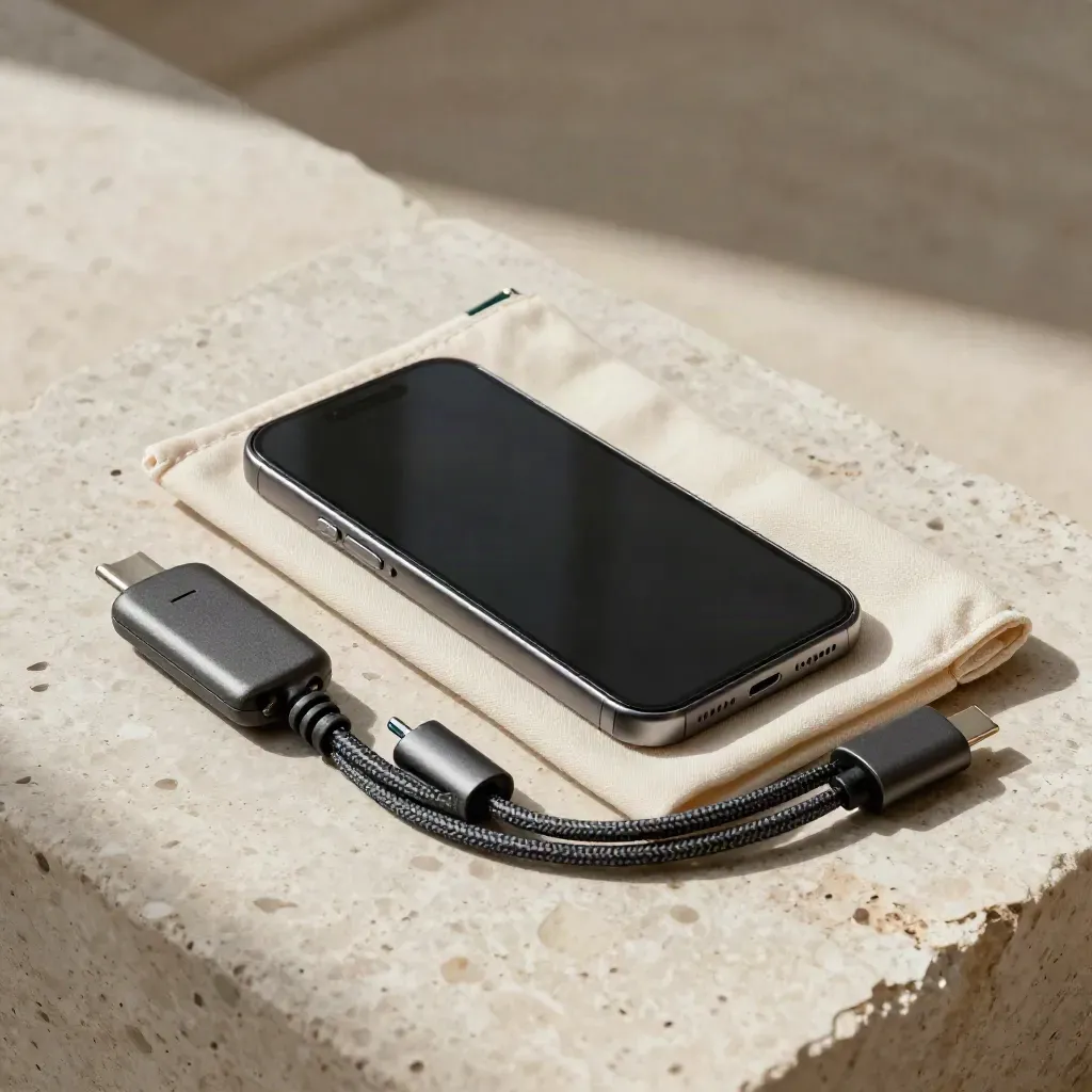 Recovery kit with phone, hardware key, cable and pouch on travertine stone