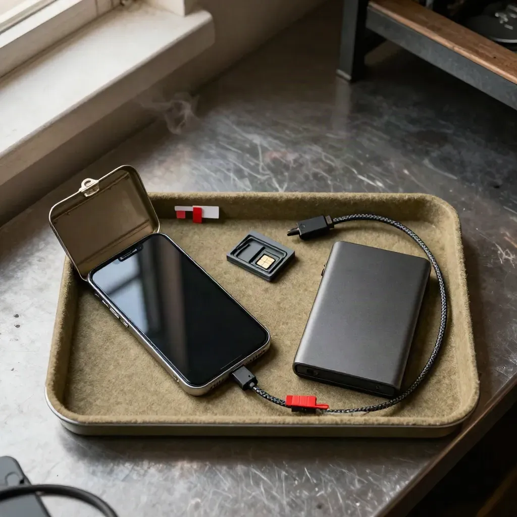 Top-down threat log setup with archive tin, phone, SIM tray and backup drive on a felt-lined workbench.