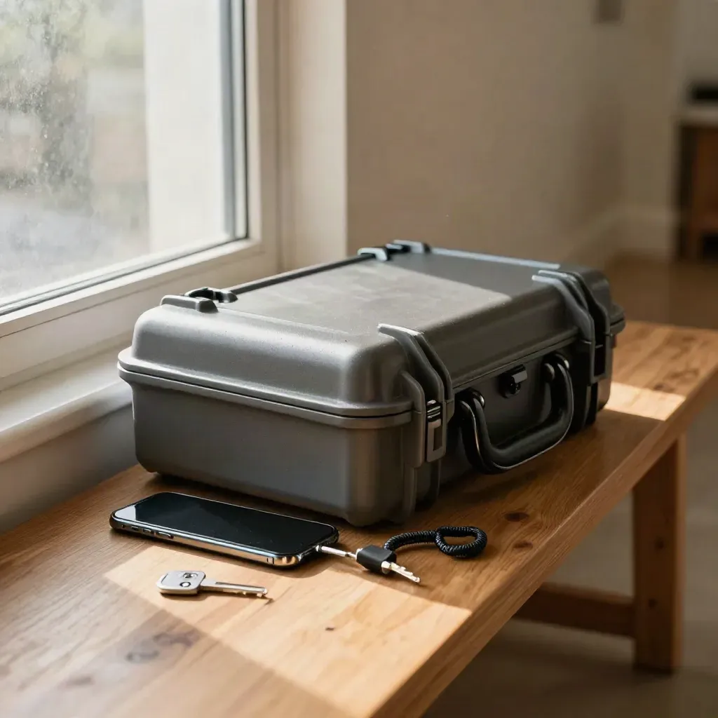 Packed reporting kit on a hallway bench by a frosted window with phone, case, charger, and key