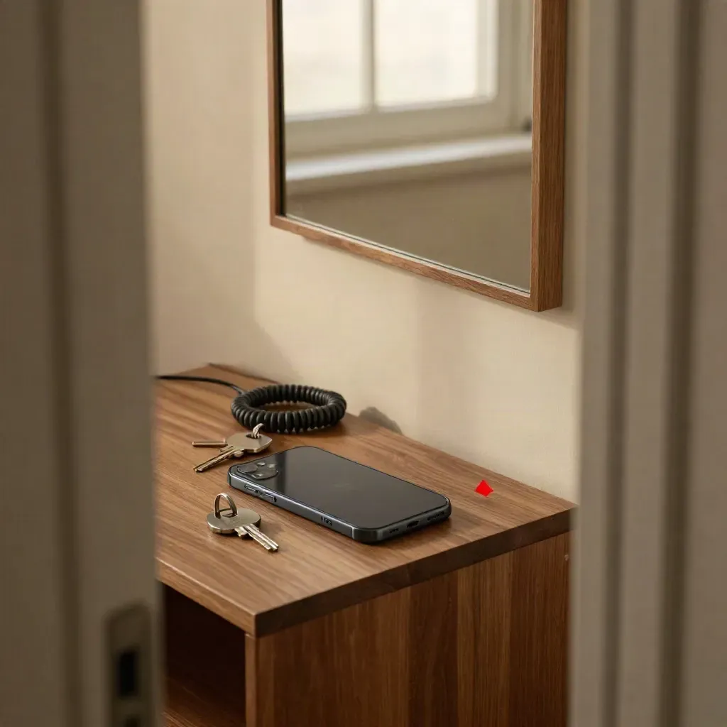 Hallway side table with phone, security key, charger and SIM tray under a mirror at dawn.