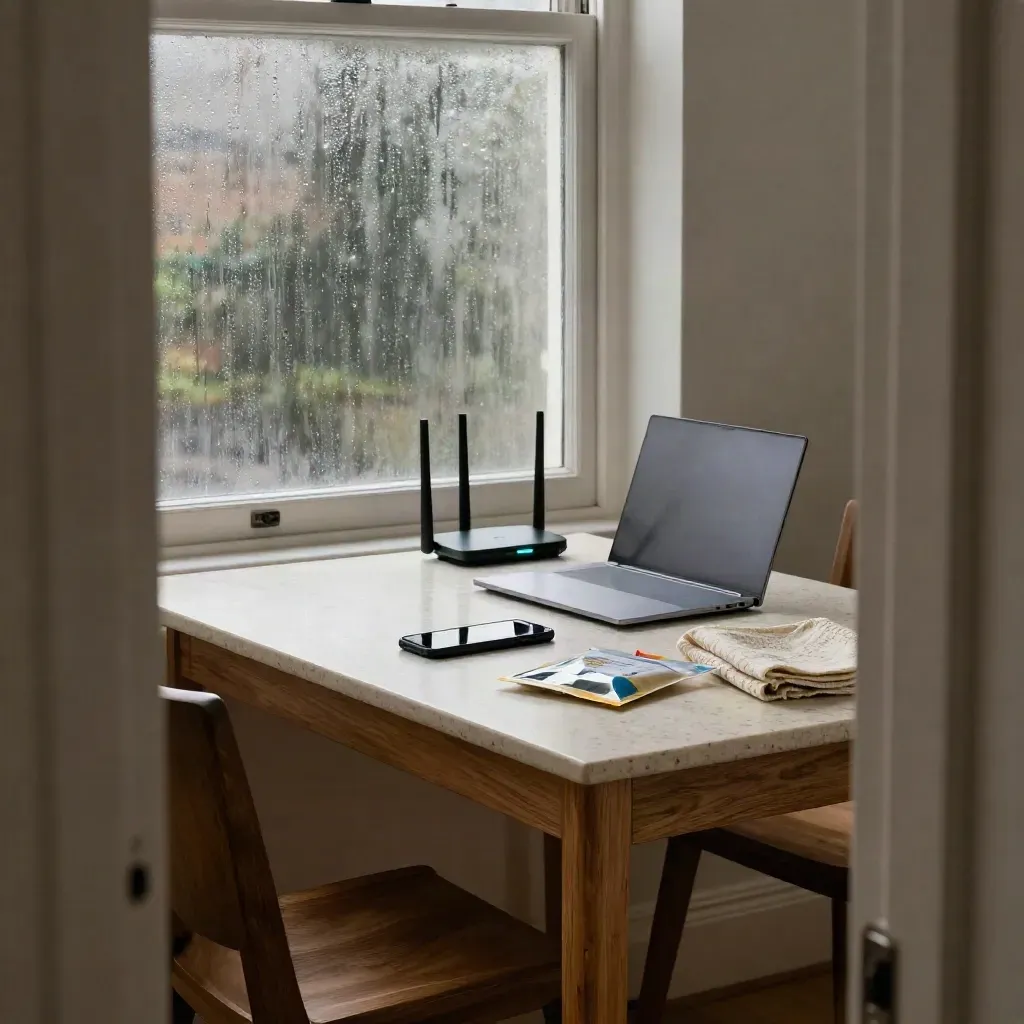 West London kitchen table with phone, closed laptop, router and evidence pouch by a misted sash window