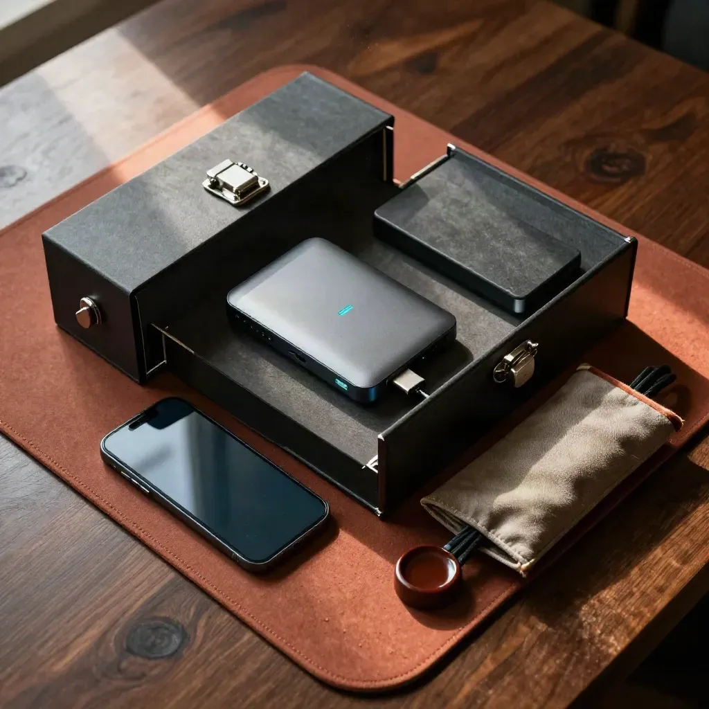 Overhead study desk with archive box, phone, drive and cable pouch in cyan-lit haze.