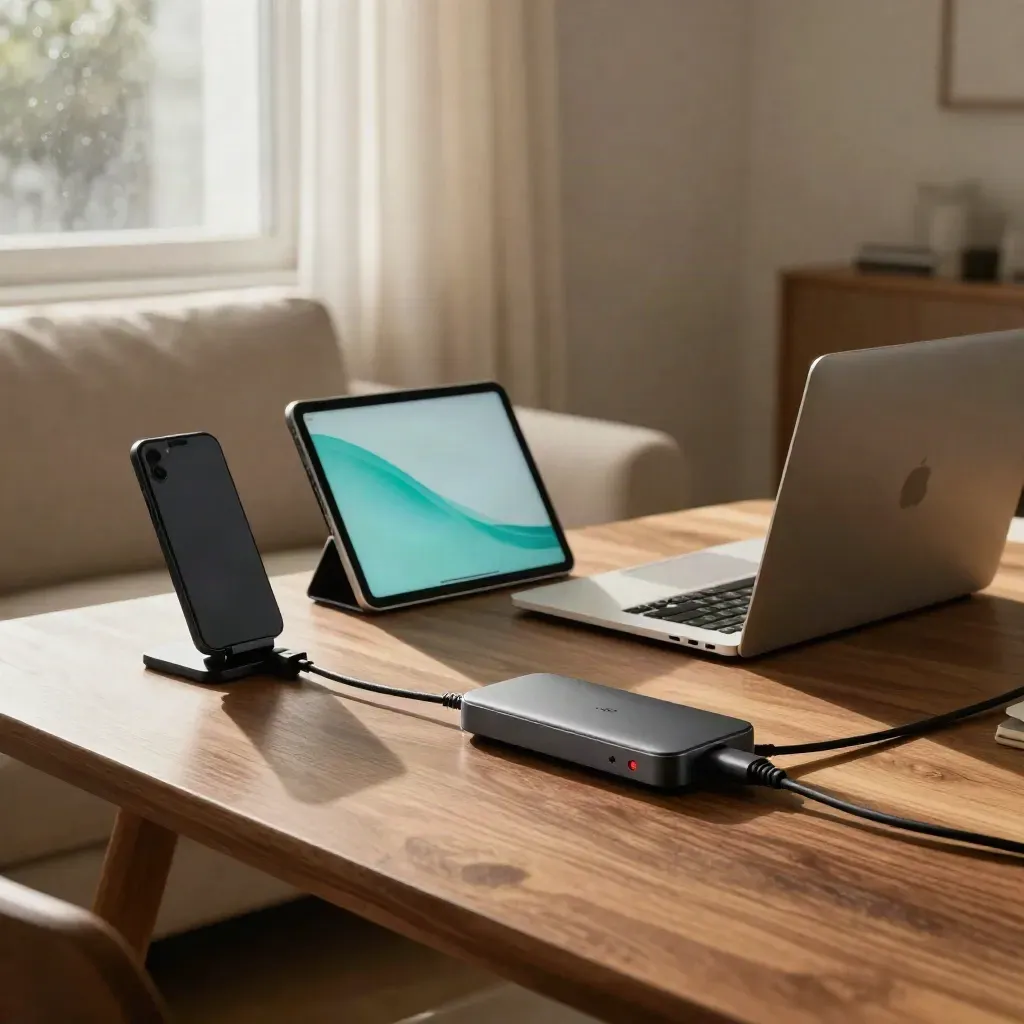 Phone, tablet, laptop and cable hub on a warm walnut table in a cozy home office corner.