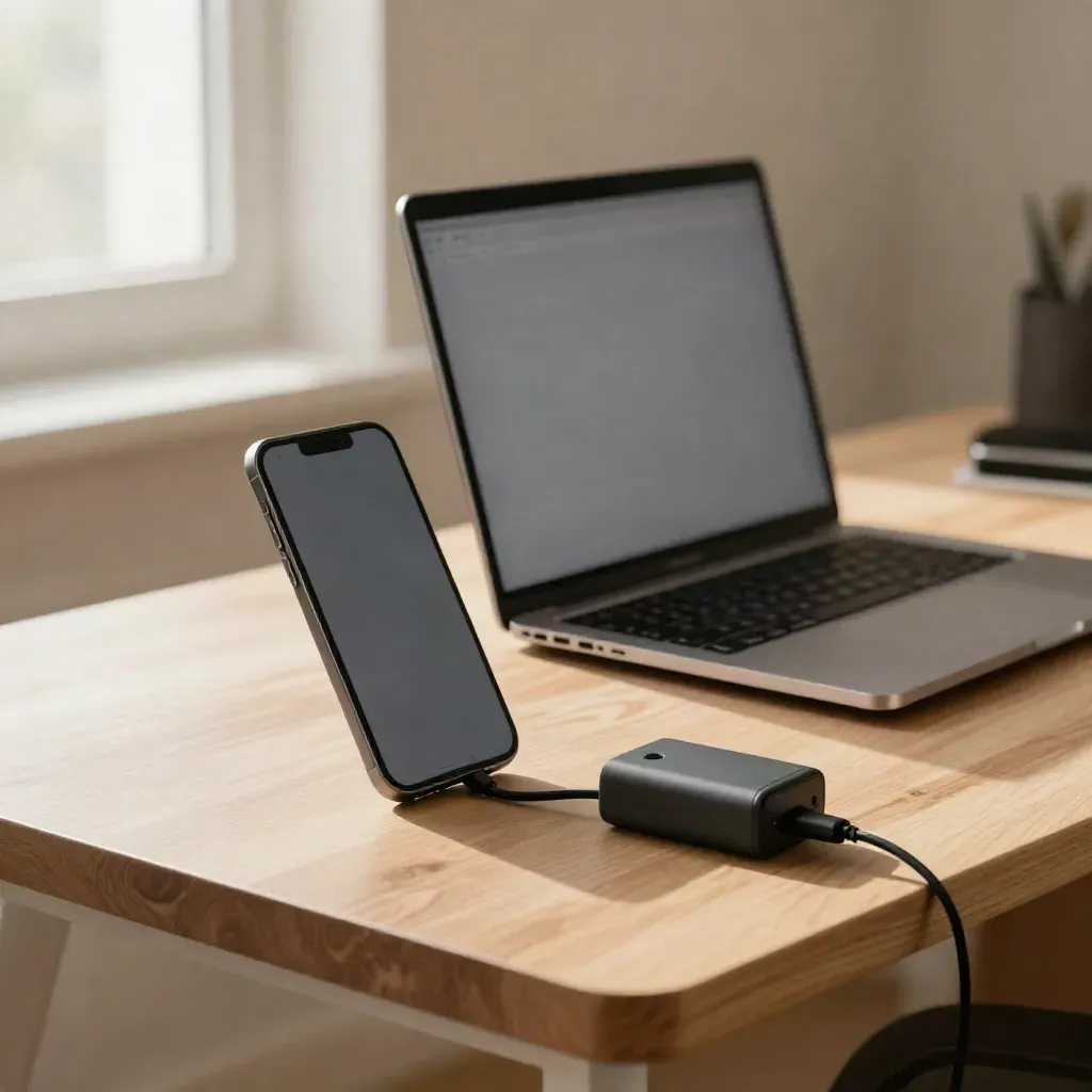 Muted phone, closed laptop, privacy screen, and charger on a warm studio desk