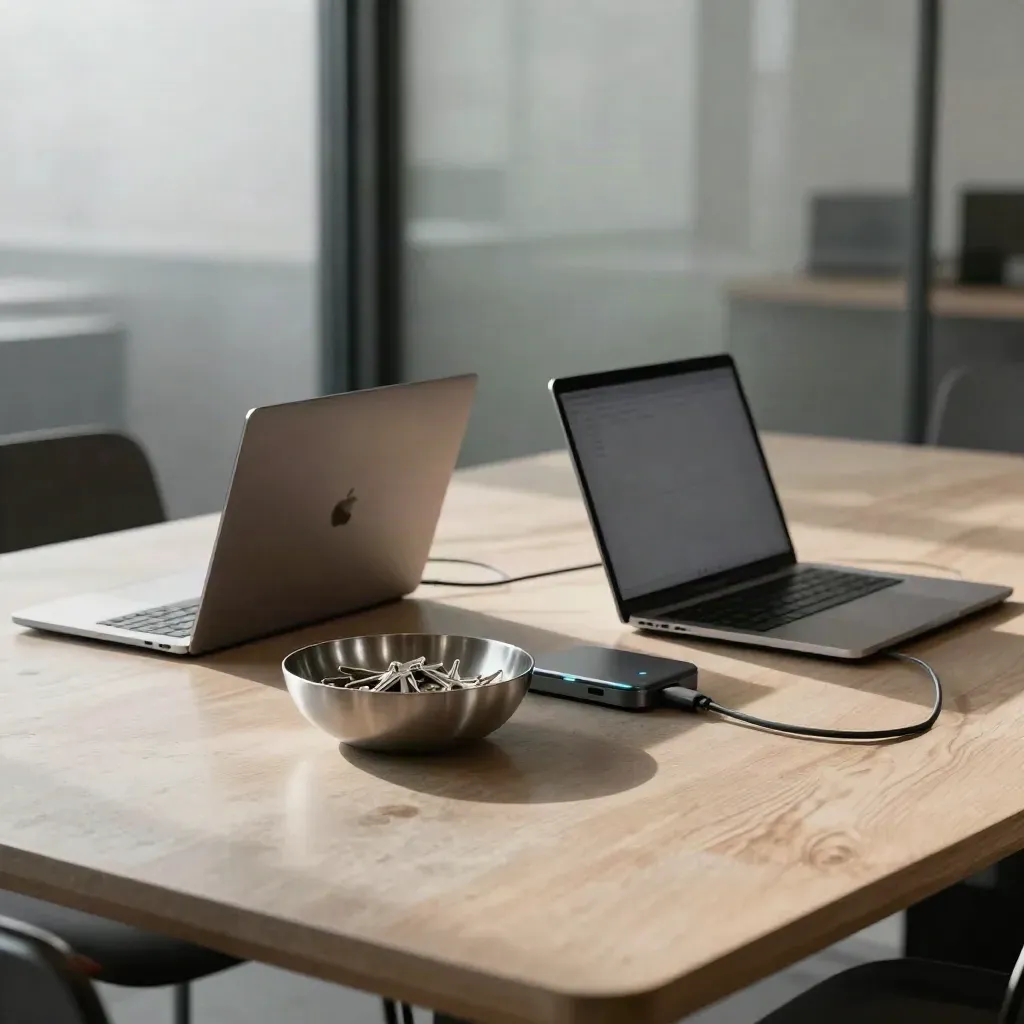 Two laptops, key bowl, dock and cable hook on a concrete meeting table in a reset setup.