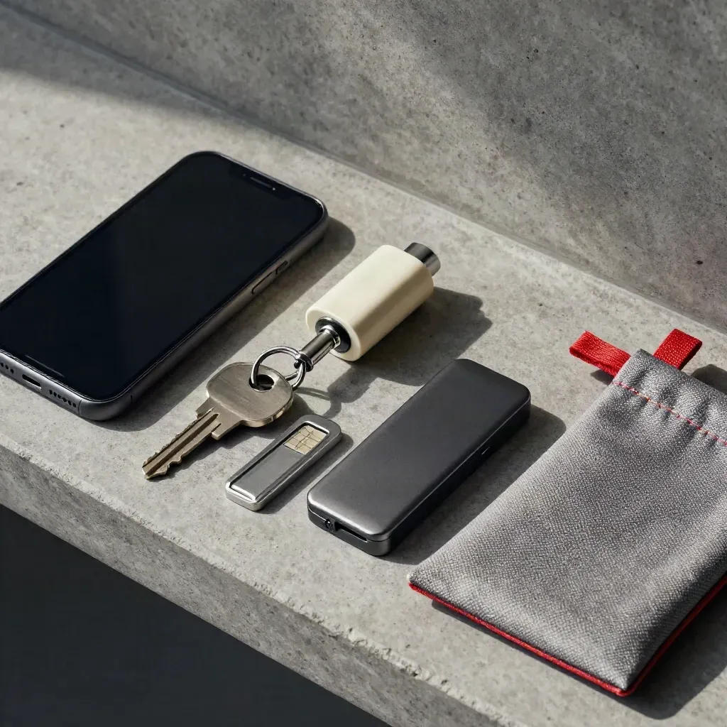 Top-down macro of security items lined up: phone, key, charger, lock, SIM tool, drive, pouch.