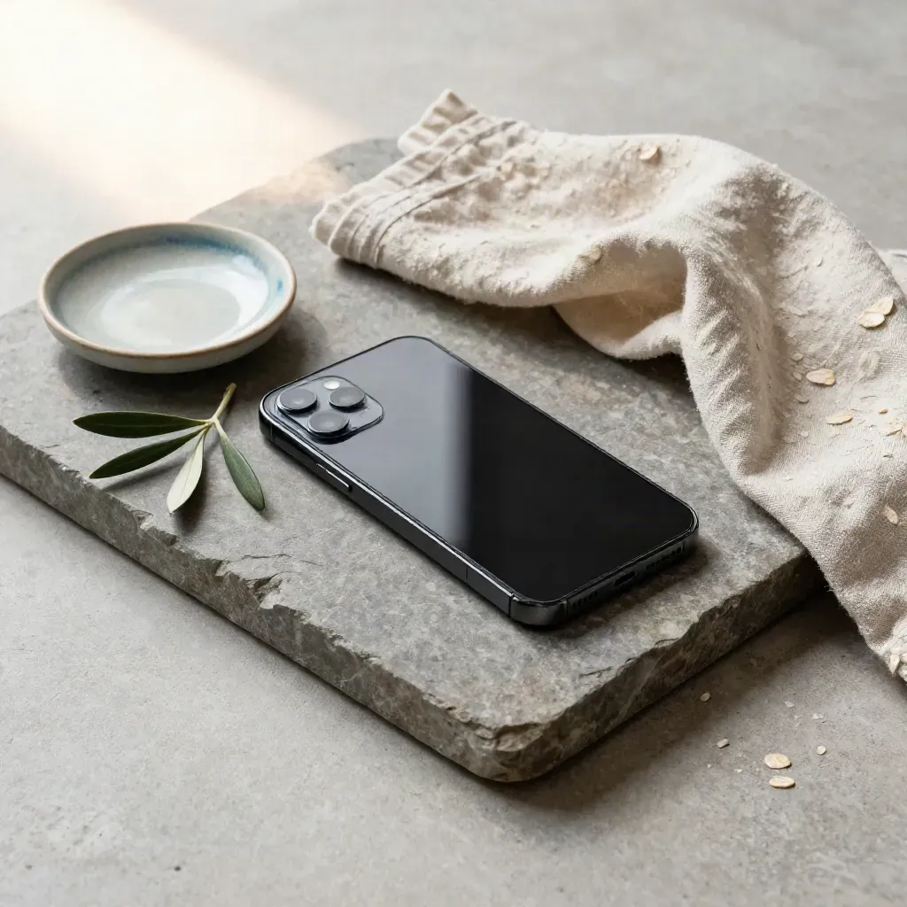Face-down smartphone with privacy camera cover on stone tray with linen, sprig and ceramic dish.