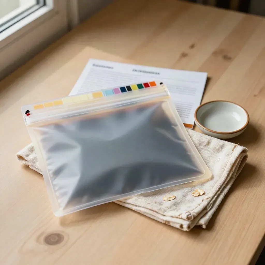 Evidence pouch beside folded cloth and ceramic dish on pale wood, softly lit from the side.