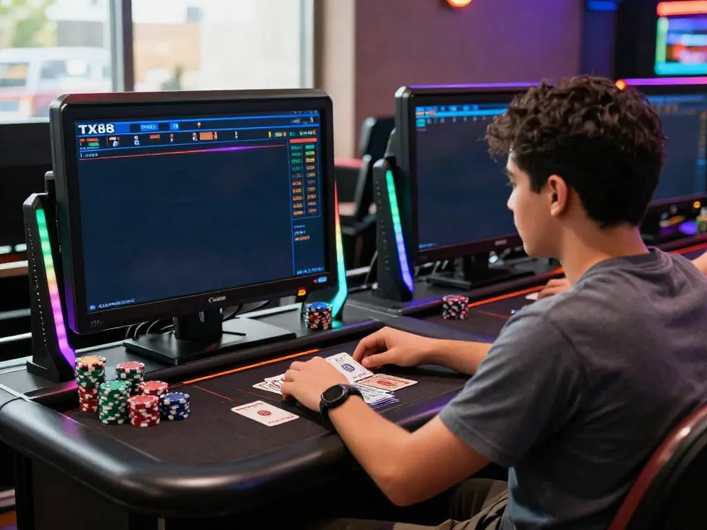 Engaged player using the TX88 platform at a dynamic online gambling setup with chips and cards.