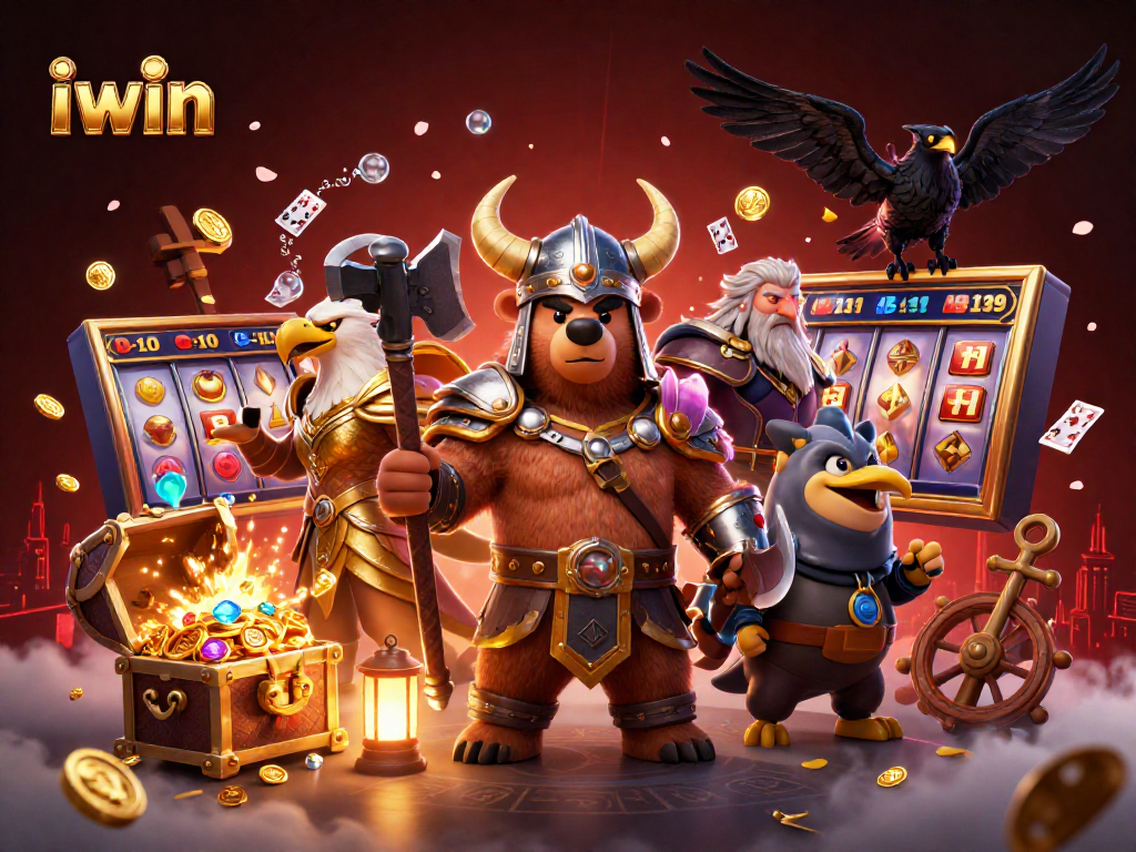 Spin the iwin jackpot with this vibrant 3D cartoon casino scene featuring Viking characters and slot elements.
