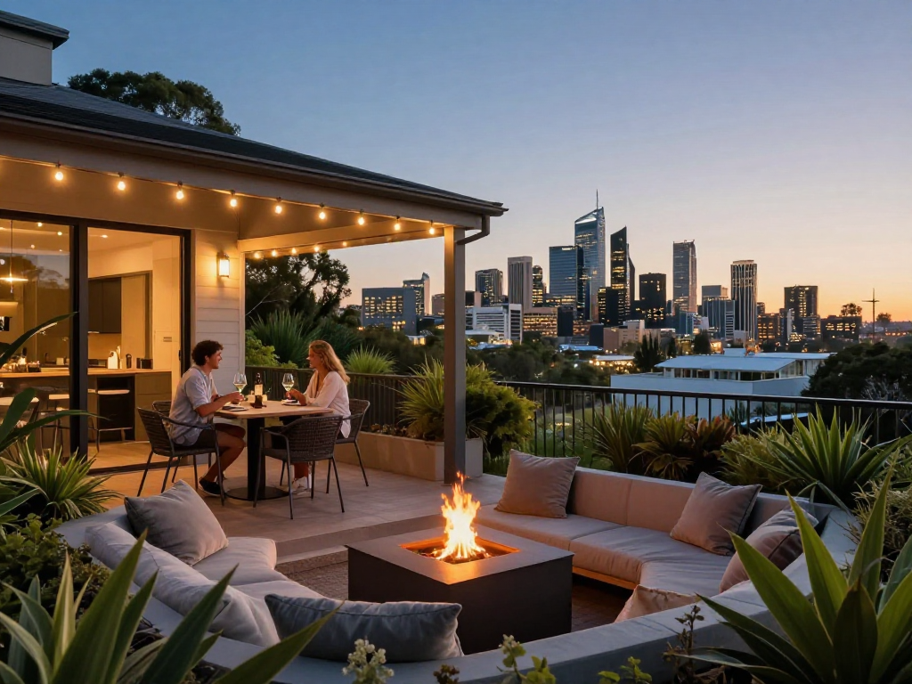 Best Perth Airbnb management company showcasing a stylish outdoor patio in Perth with city views, warm lighting, and a cozy atmosphere.